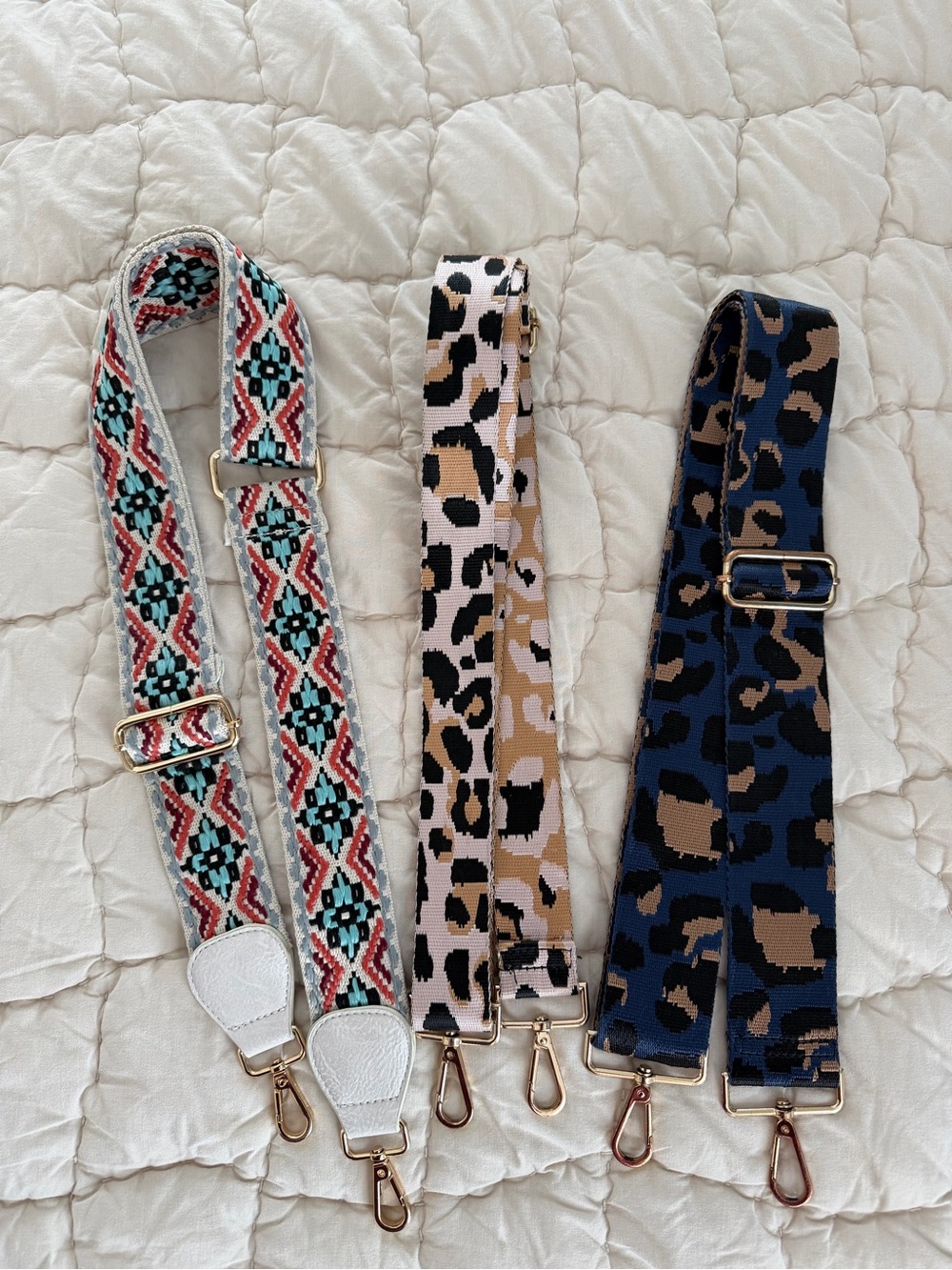 Adjustable Leopard Print Guitar Bag Strap in Tan/Black/Blue